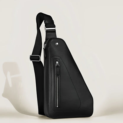 Montblanc Soft Black Leather Shoulder Bag with minimalist design and exterior pockets offer elegant practicality