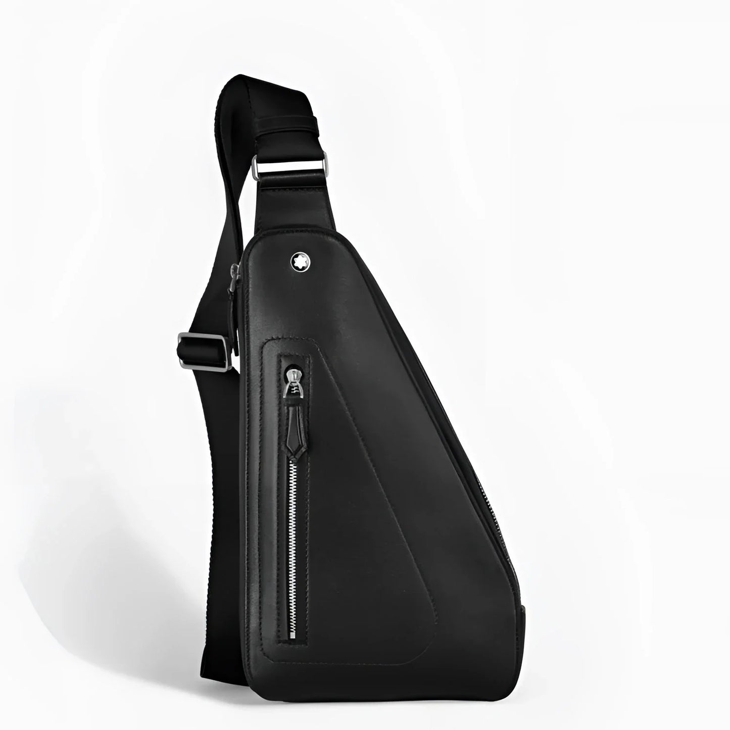 Montblanc soft black leather shoulder bag with zip and external pockets offers practicality and compact style.