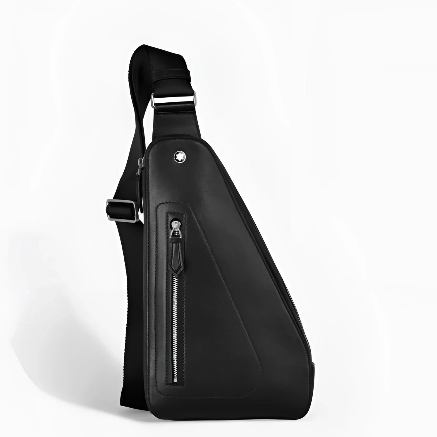 Montblanc soft black leather shoulder bag with zip and external pockets offers practicality and compact style.
