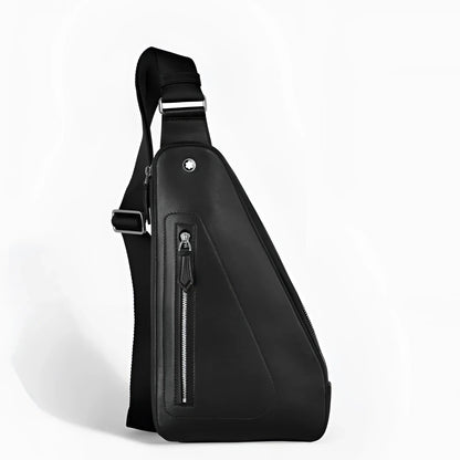Montblanc soft black leather shoulder bag with zip and external pockets offers practicality and compact style.