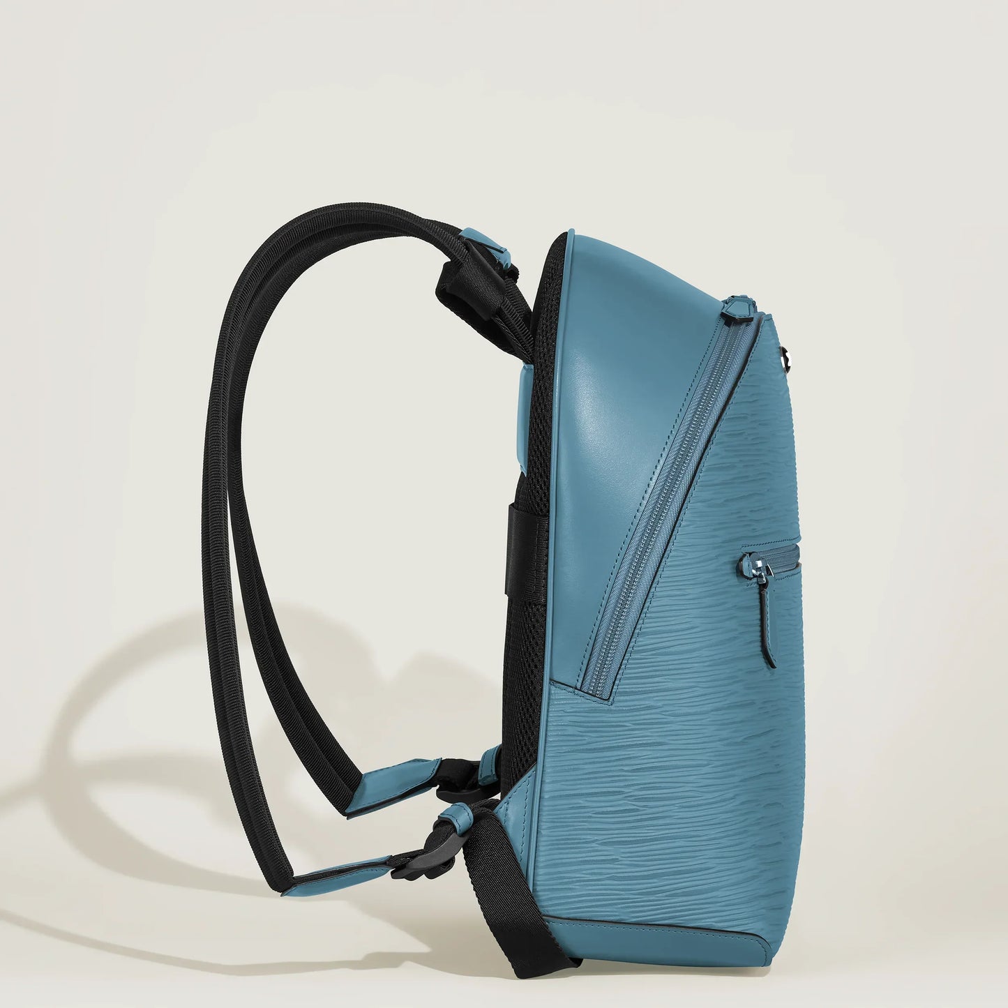 Montblanc Small Backpack 4810 Smoke Blue Leather with Textured Surface and Elegant Mini Backpack with Black Straps