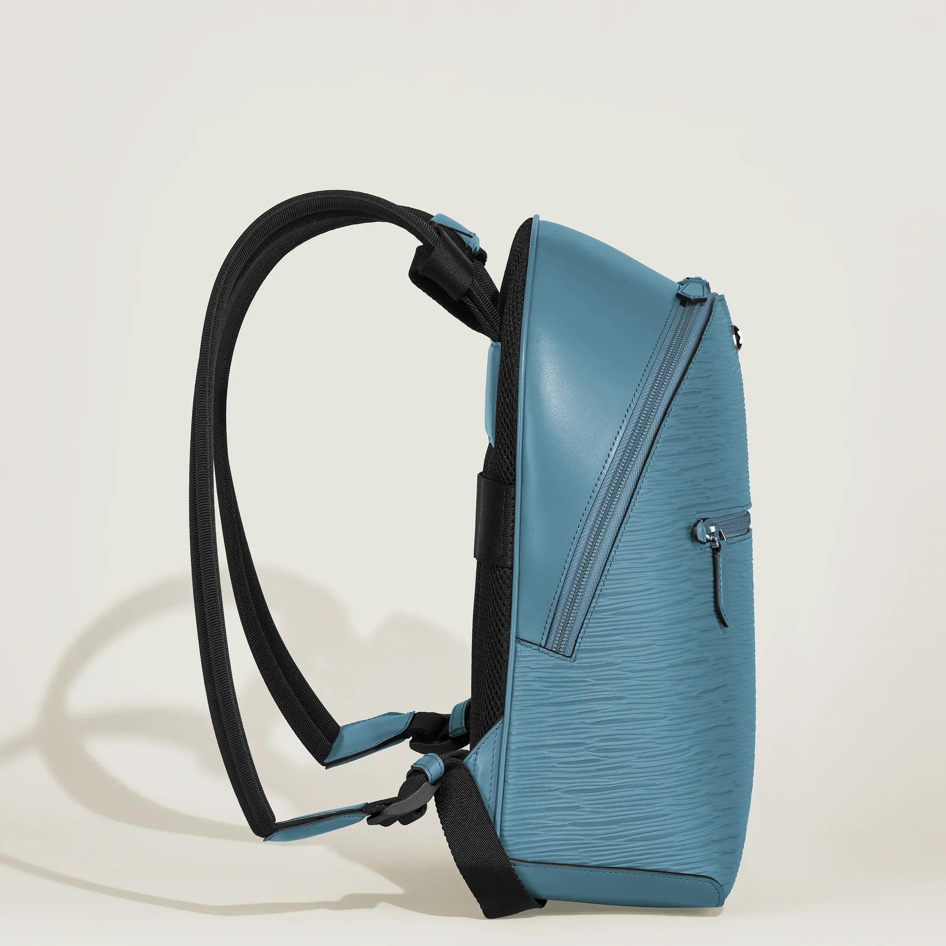 Montblanc Small Backpack 4810 Smoke Blue Leather with Textured Surface and Elegant Mini Backpack with Black Straps
