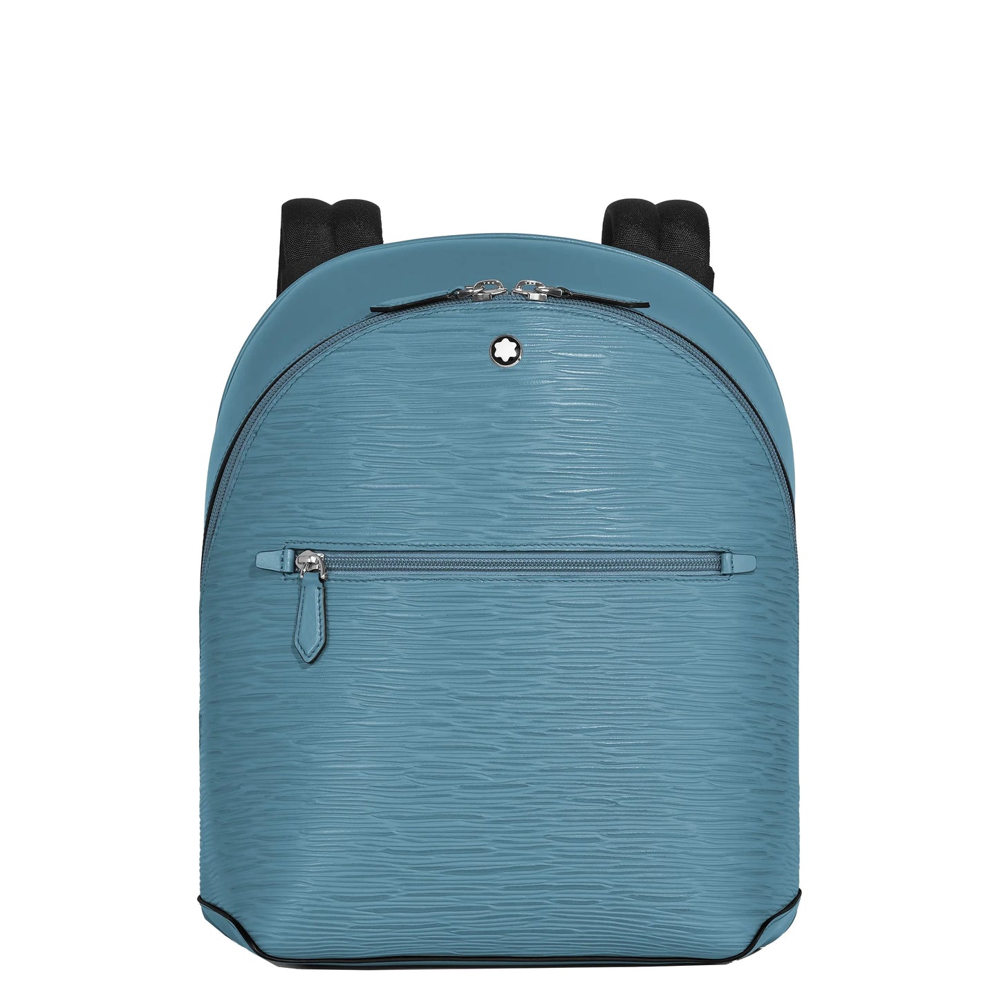 Montblanc 4810 Small Backpack in Smoke Blue Textured Leather, Mini Stylish Backpack with Silver Zippers and Black Shoulder Straps