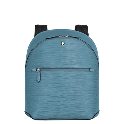 Montblanc 4810 Small Backpack in Smoke Blue Textured Leather, Mini Stylish Backpack with Silver Zippers and Black Shoulder Straps