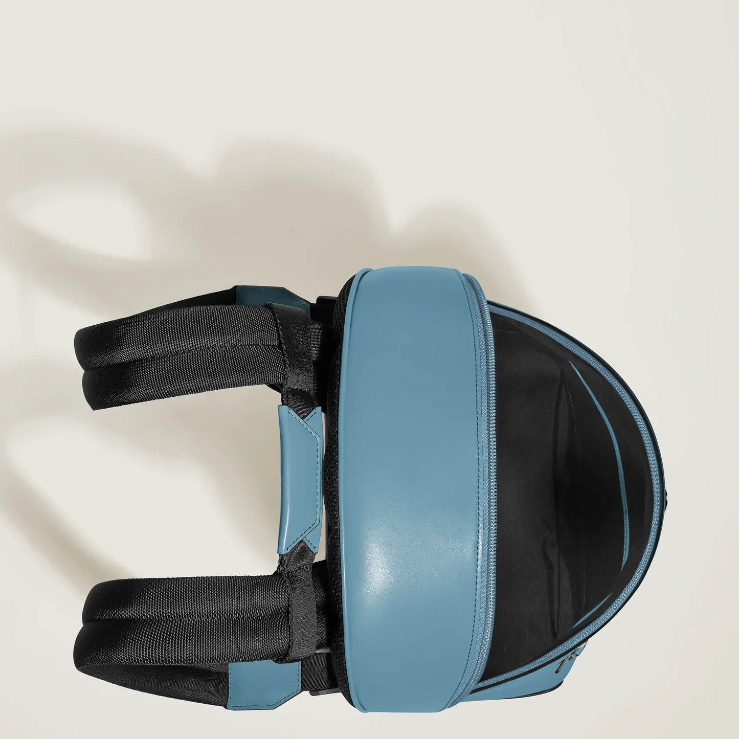 Montblanc Small Backpack in Smoke Blue Leather with Mini Backpack in Light Blue Leather and Black Zipper Details