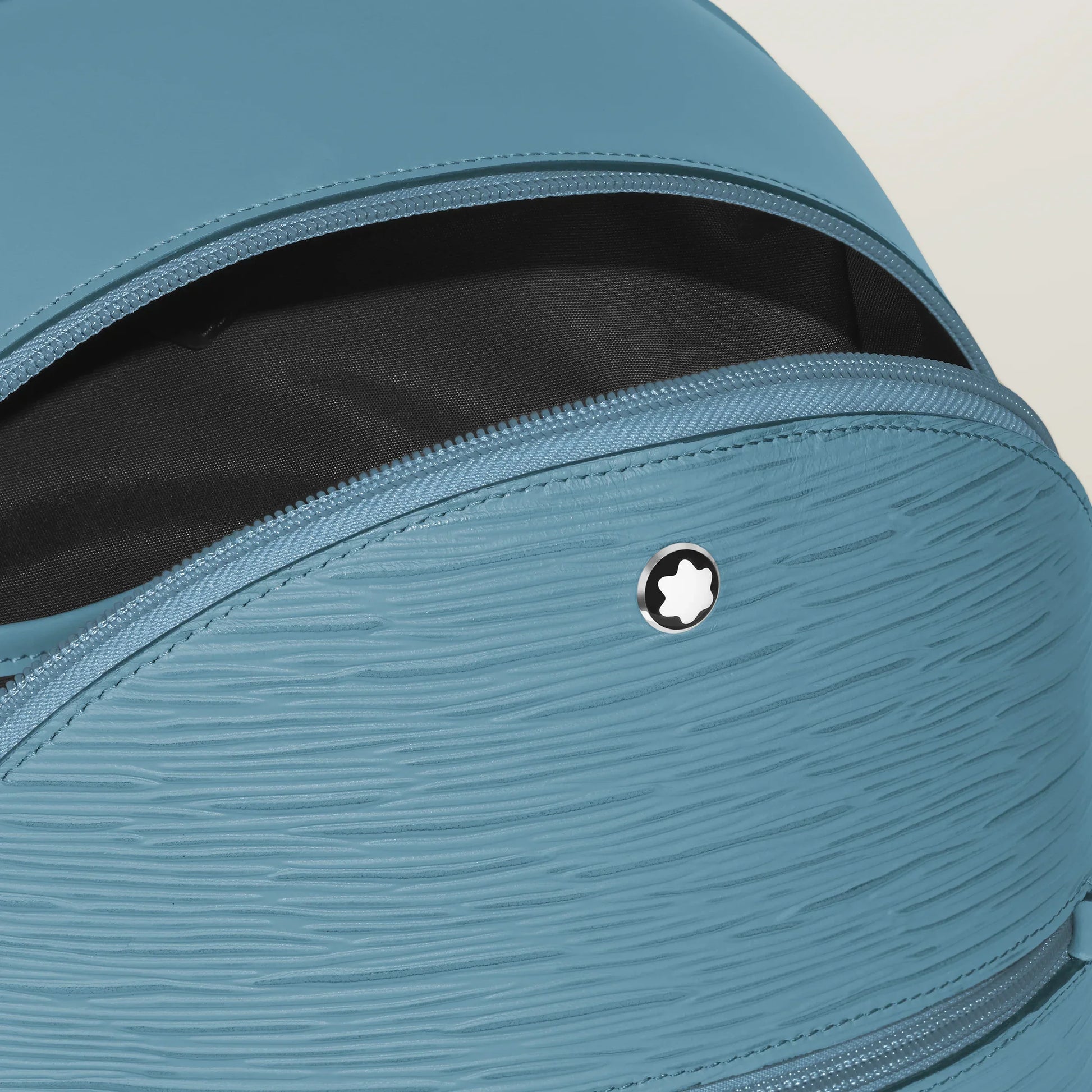 Montblanc Small Backpack 4810 Smoke Blue Leather with Silver Star Logo on Zipper of Mini Backpack in Textured Leather