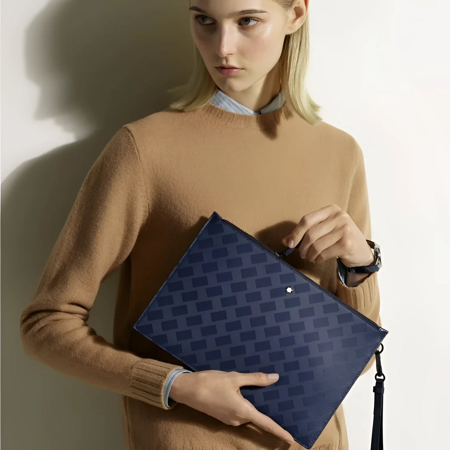 Montblanc pencil case in ink blue leather with checked pattern and metal closure the montblanc extreme pencil case