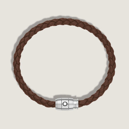 Montblanc bracciale marrone fulvo in pelle intrecciata con clasp magnetico in acciaio pregiato lucido impreziosito