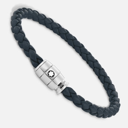 Bracciale montblanc in pelle blu avio intrecciata con chiusura magnetica in acciaio pregiato lucido impreziosito