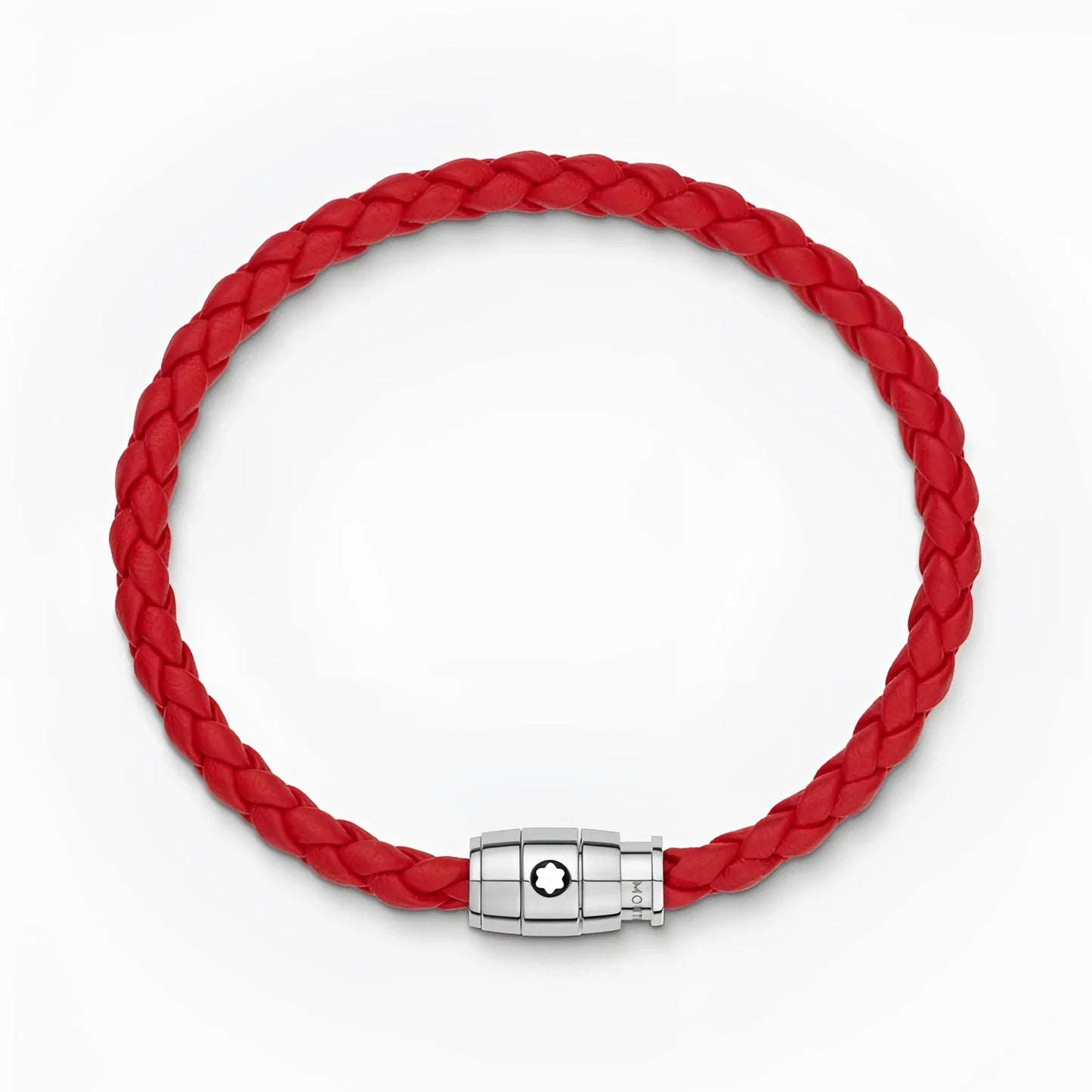 Montblanc bracciale pelle intrecciata rossa con chiusura a 3 anelli in acciaio pregiato finitura lucida misura s