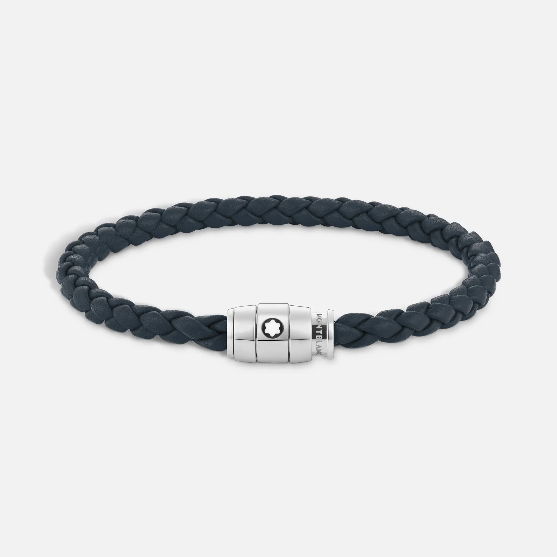 Montblanc bracciale in pelle blu avio intrecciata con acciaio pregiato lucido impreziosito da stella brand