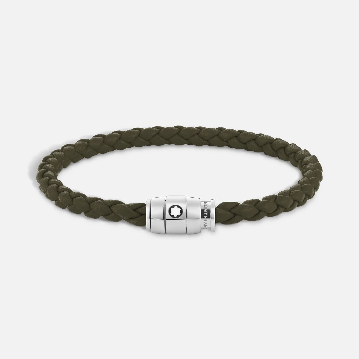 Bracciale Montblanc kaki misura L in pelle intrecciata con chiusura magnetica in acciaio pregiato lucido impreziosito