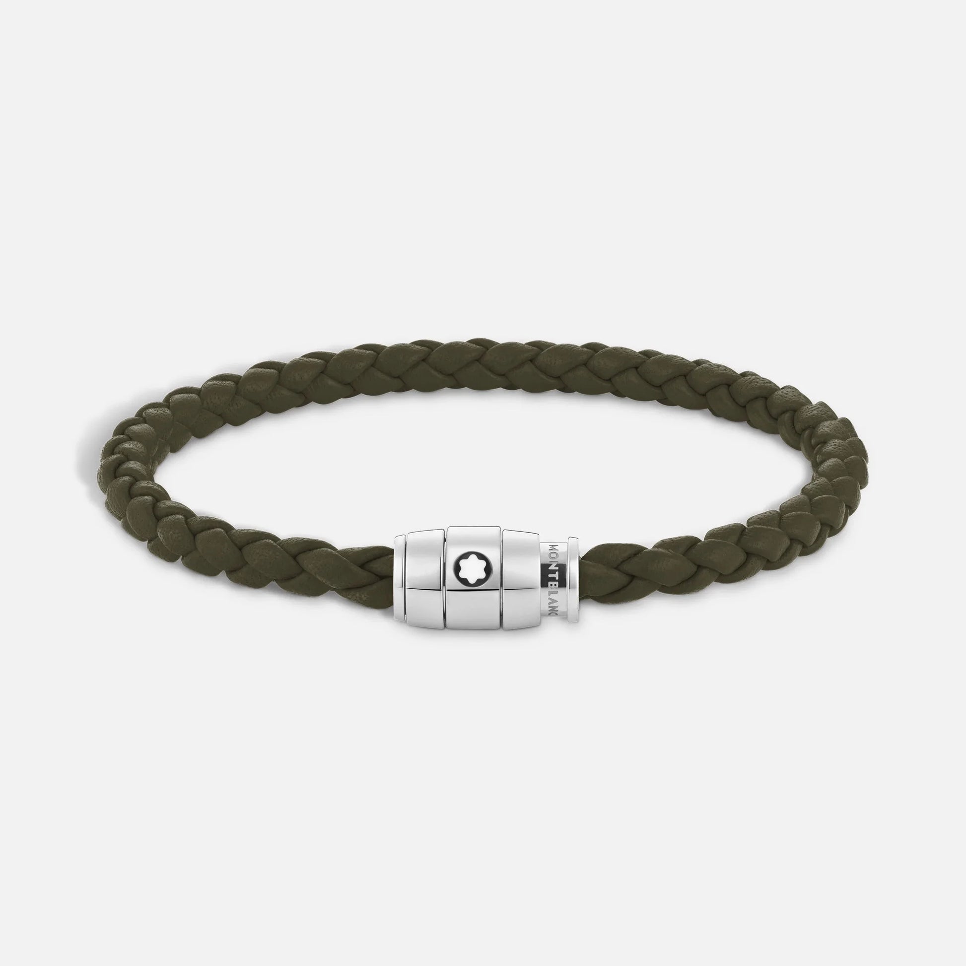 Bracciale Montblanc kaki misura L in pelle intrecciata con chiusura magnetica in acciaio pregiato lucido impreziosito