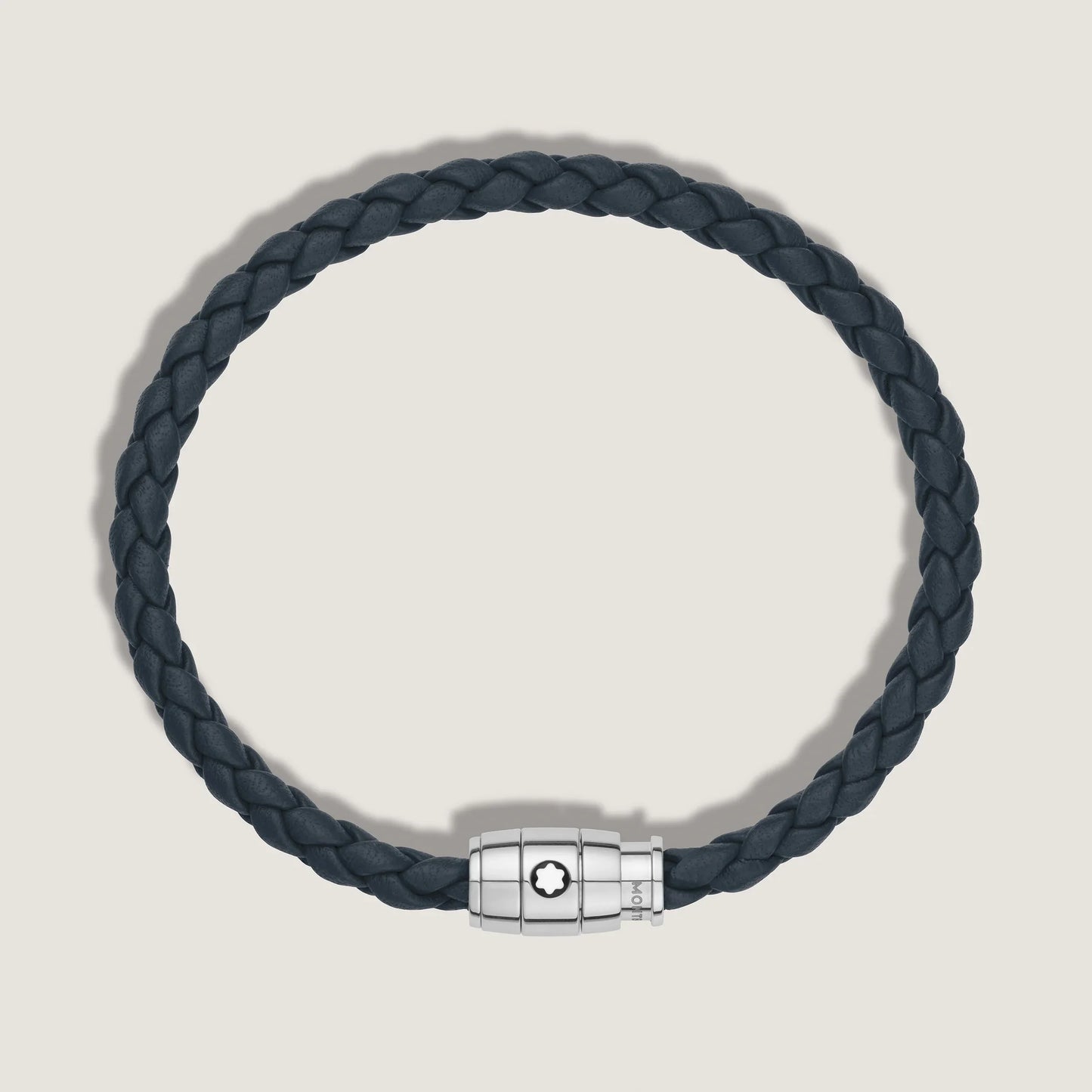 Montblanc bracciale blu avio in pelle intrecciata con chiusura magnetica in acciaio pregiato lucido impreziosito