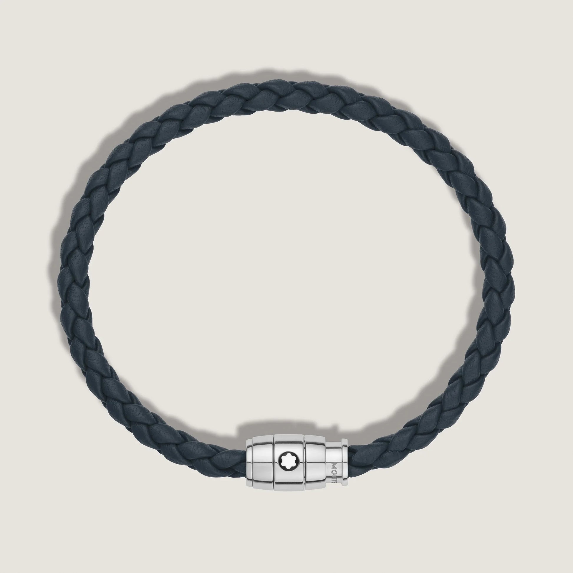 Montblanc bracciale blu avio in pelle intrecciata con chiusura magnetica in acciaio pregiato lucido impreziosito