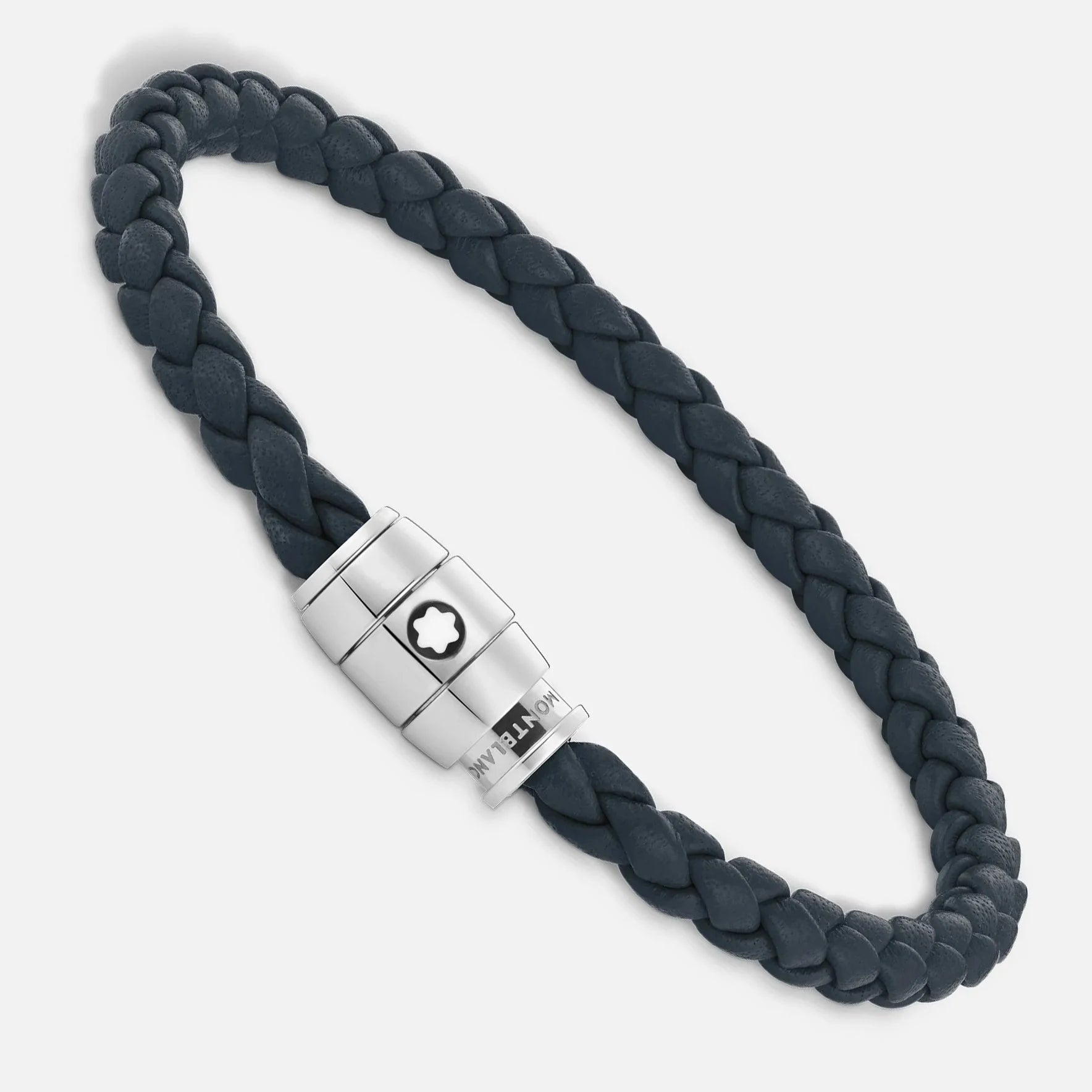 Bracciale montblanc in pelle blu avio con tre anelli e chiusura magnetica in acciaio pregiato lucido