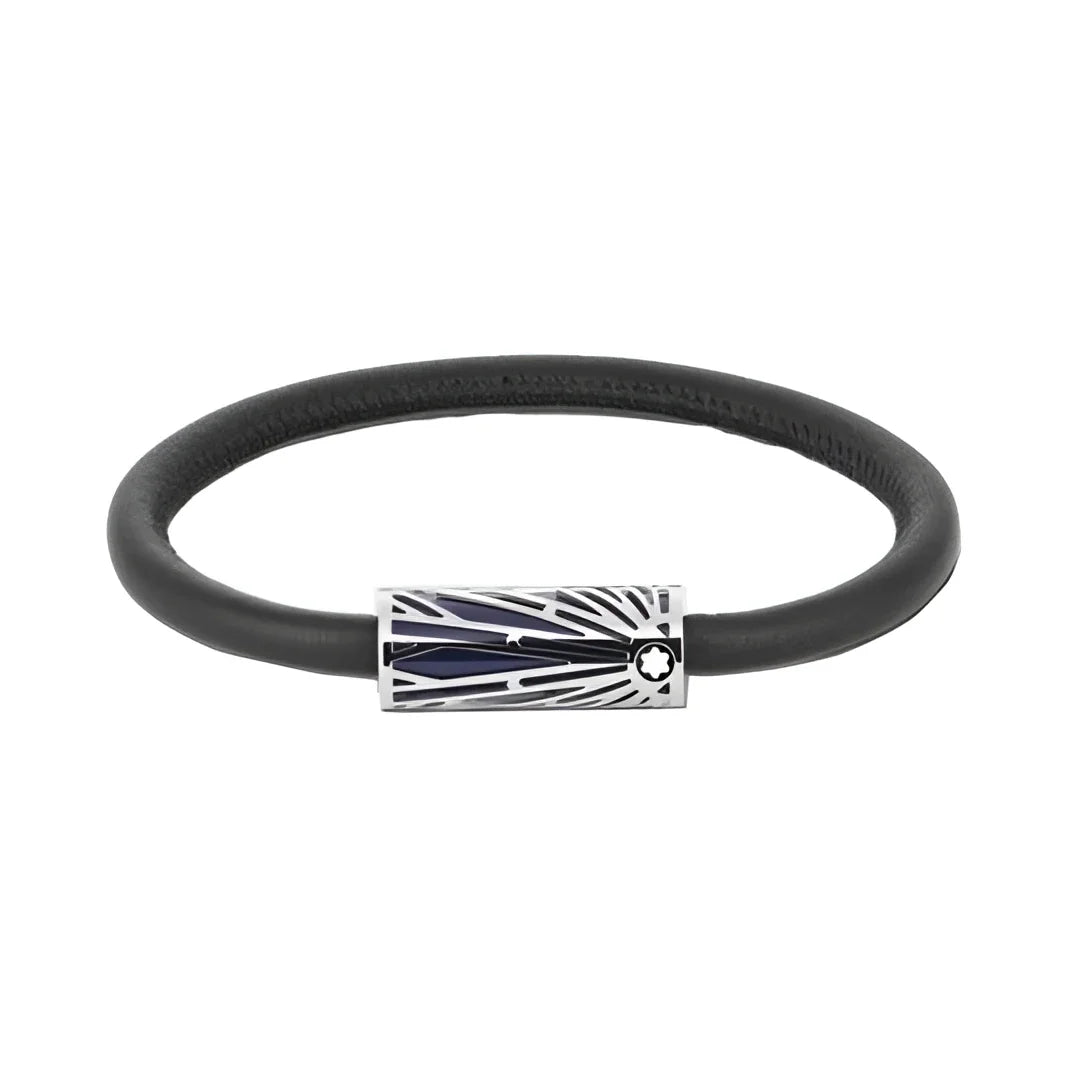 Bracciale montblanc meisterstück in pelle nera con chiusura rettangolare argento e motivo geometrico collezione the origin