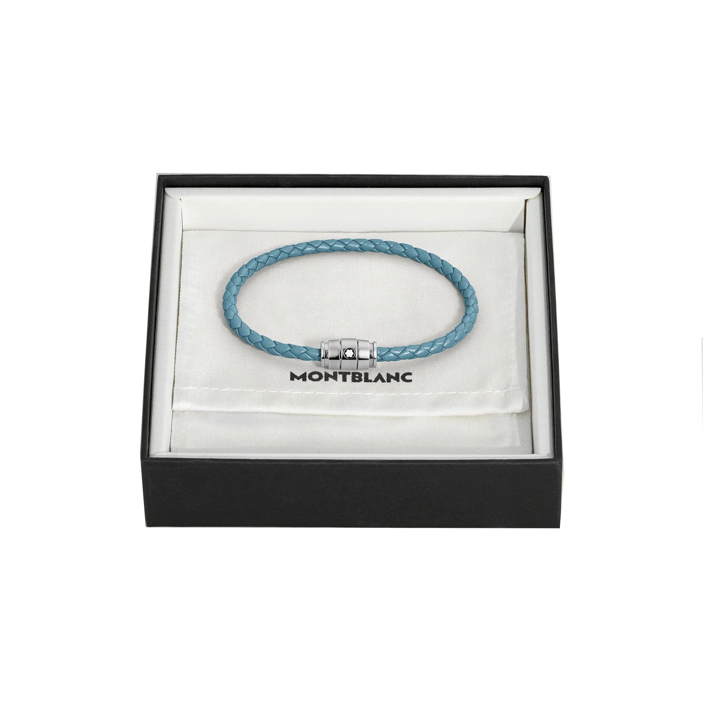 Montblanc bracciale in pelle meisterstück blu fumè intrecciata con chiusura in acciaio presentato in scatola regalo