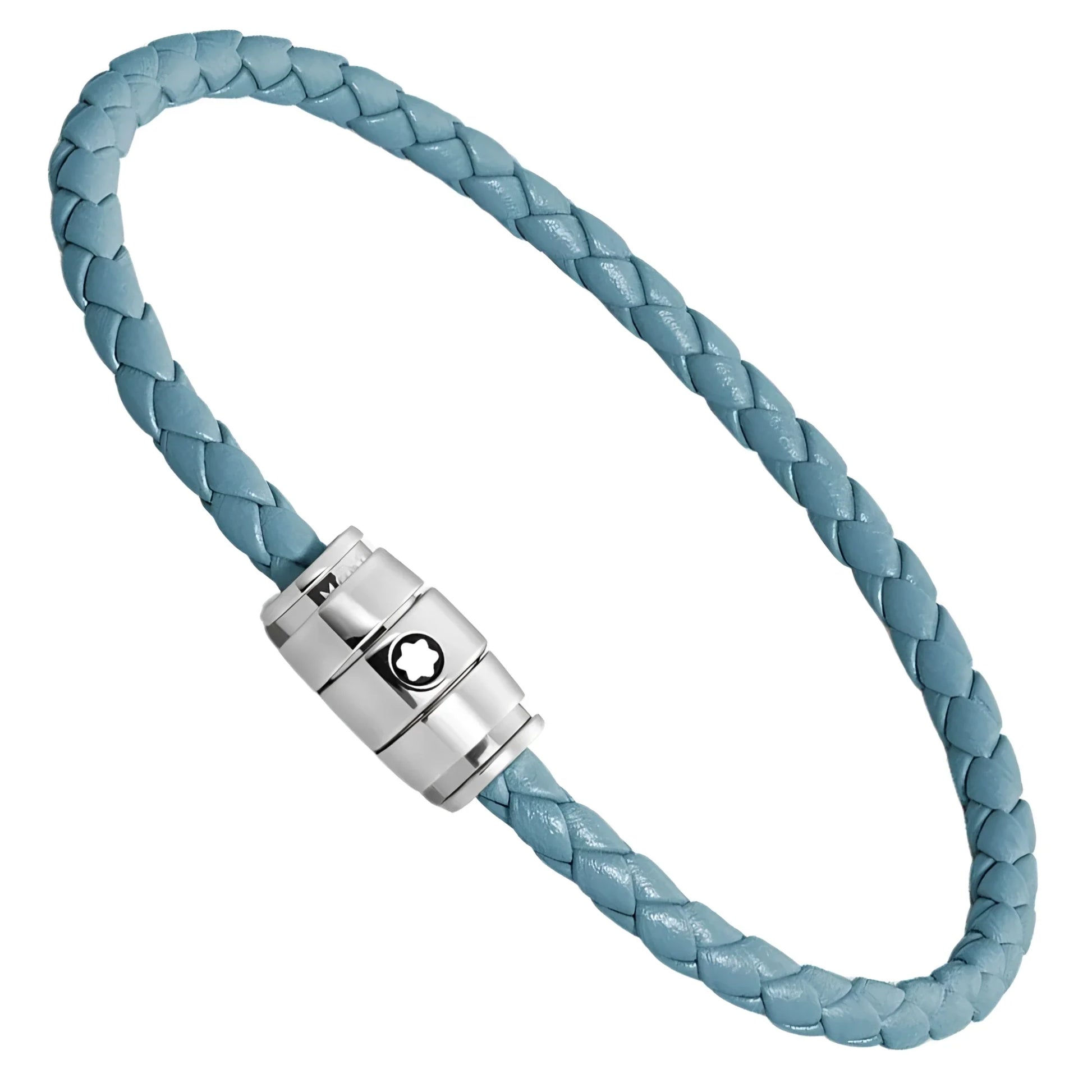 Bracciale montblanc in pelle meisterstück blu fumè intrecciato con chiusura magnetica in acciaio silver