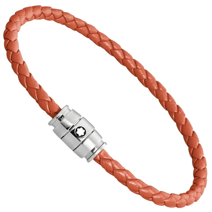 Bracciale montblanc pelle meisterstück cayenne arancione intrecciato con chiusura magnetica in acciaio lucido