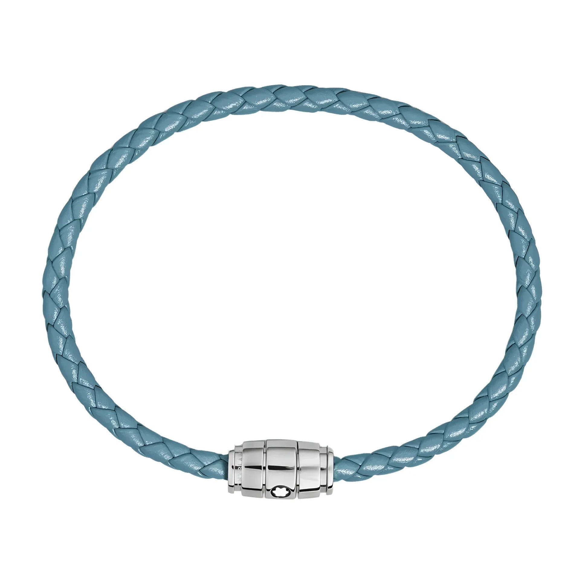 Montblanc bracciale in pelle meisterstück blu fumè intrecciata con chiusura magnetica in acciaio lucido argento
