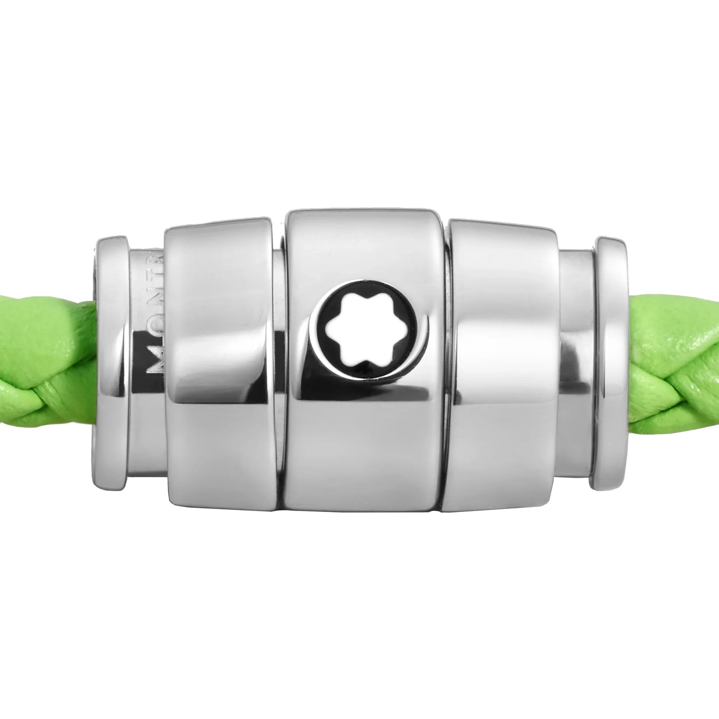 Silver metal clasp with six-pointed star that closes green braided cord leather meisterst�ck lime
