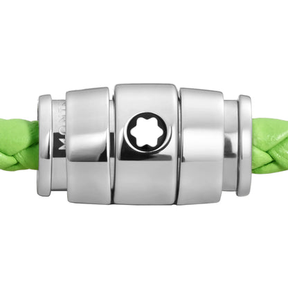 Silver metal clasp with six-pointed star that closes green braided cord leather meisterst�ck lime