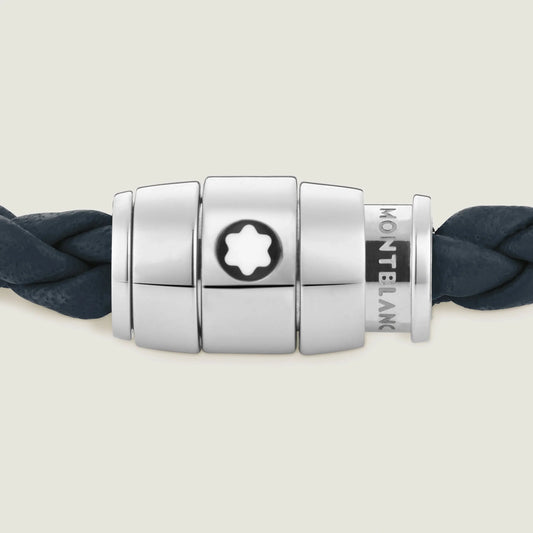 Bracciale montblanc blu avio in pelle con chiusura magnetica in acciaio pregiato lucido impreziosito con stella