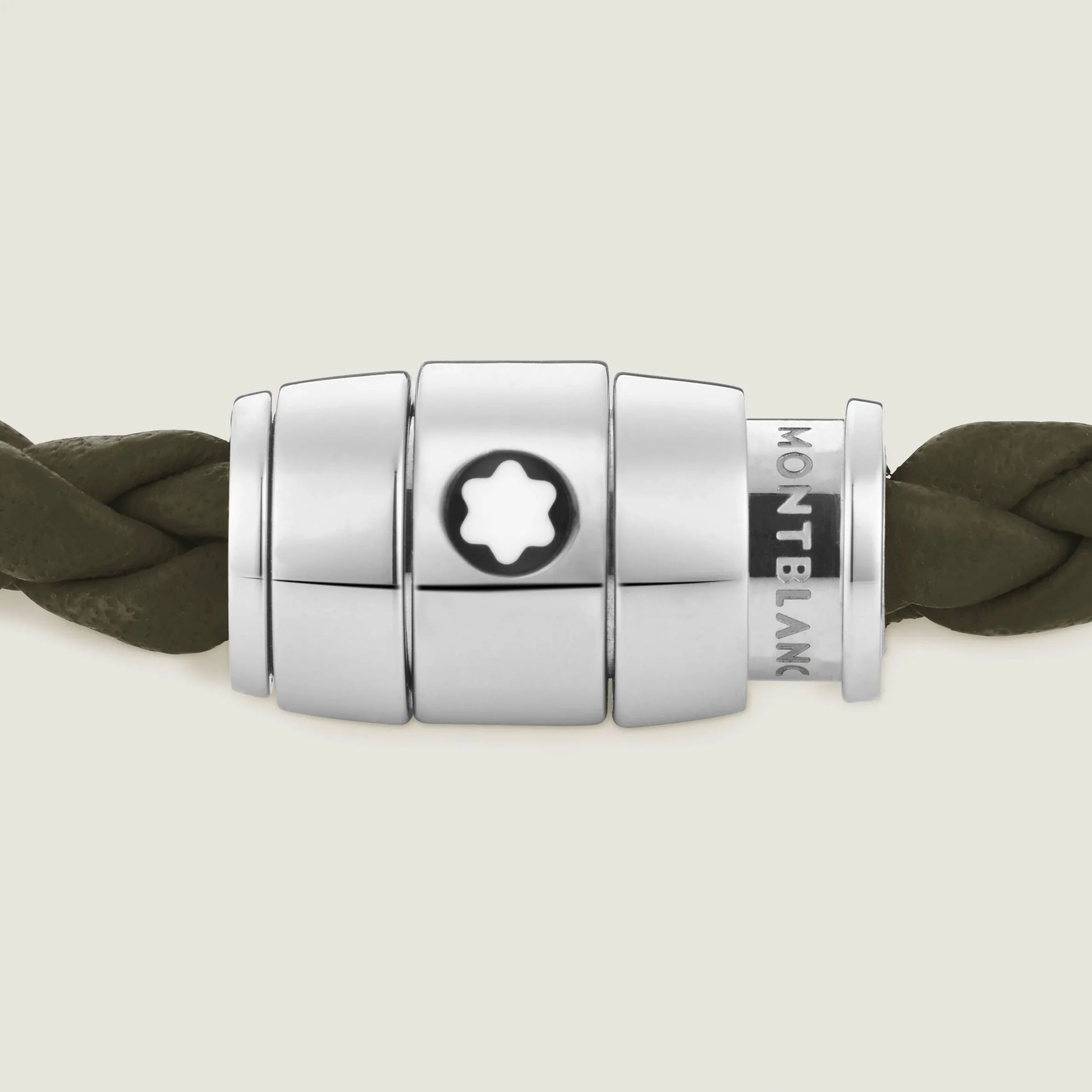 Montblanc bracciale in acciaio pregiato lucido con chiusura magnetica e corda in pelle intrecciata kaki misura m