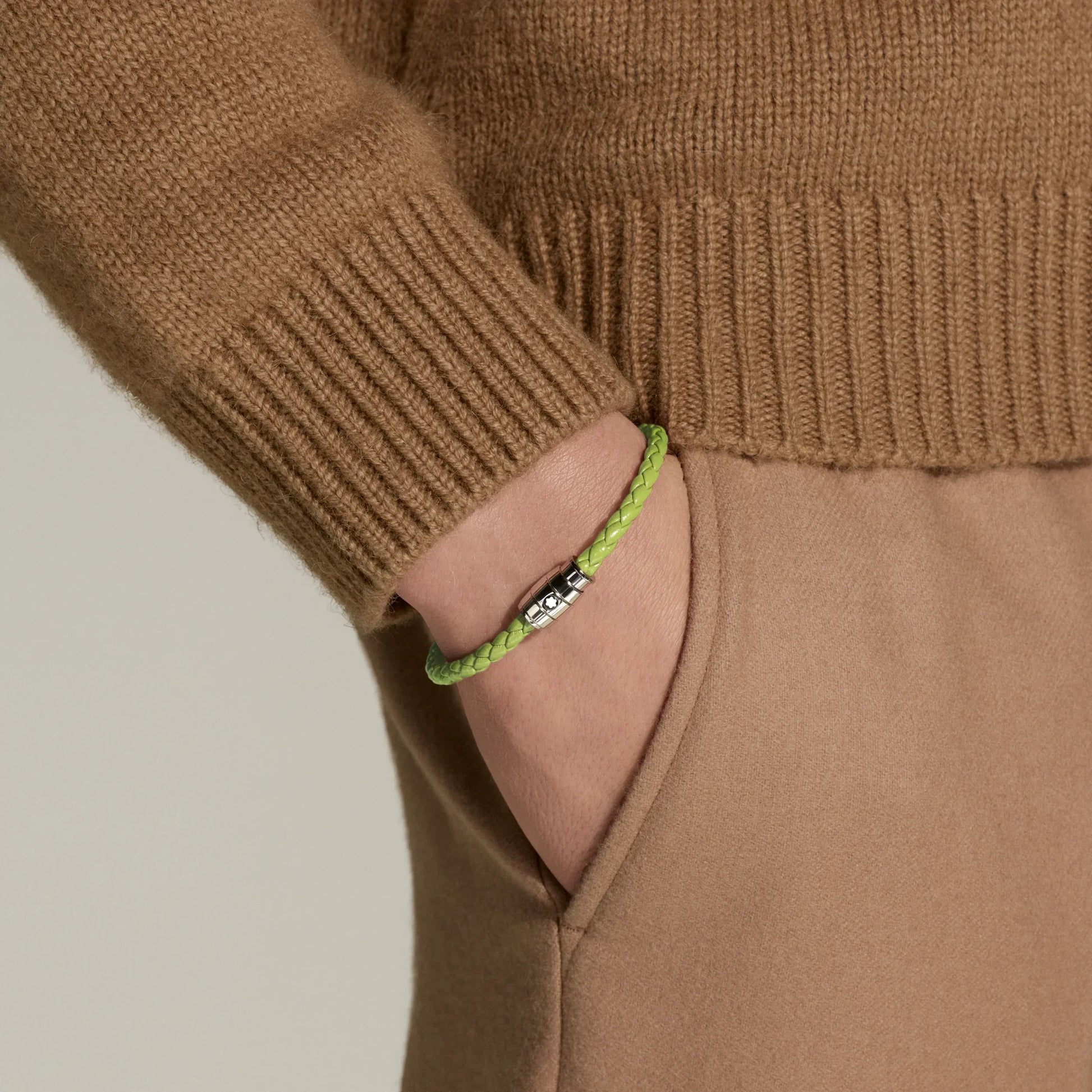 Montblanc Meisterst�ck Lime Leather Bracelet with 3 rings in lime green leather with steel clasp worn on the wrist