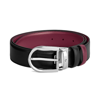 Cintura reversibile montblanc 35 mm in pelle liscia nera e cassis con fibbia a ferro di cavallo finitura palladio