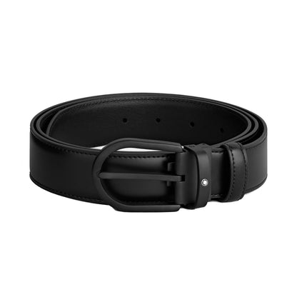 Montblanc elegant tubular belt in luxurious black leather with matt horseshoe buckle and Montblanc logo