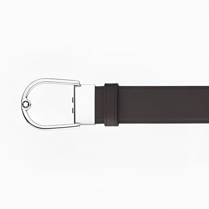 Cintura montblanc 35mm in pregiata pelle granulata ebano con fibbia ferro di cavallo argento lucido e logo montblanc