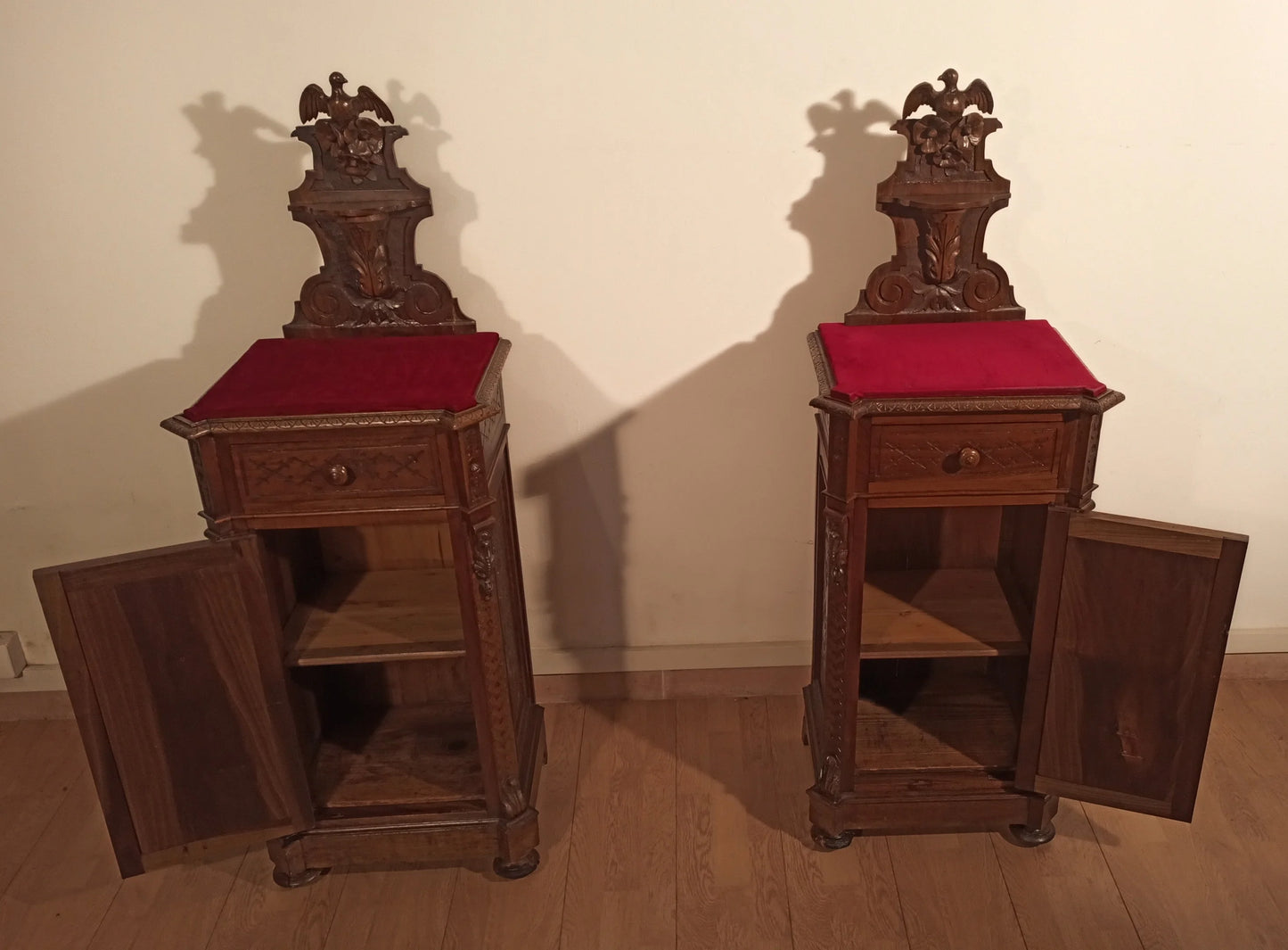 19th century antique Italian walnut nightstand and chest of drawers set with red velvet top