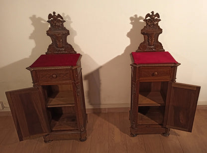 19th century antique Italian walnut nightstand and chest of drawers set with red velvet top
