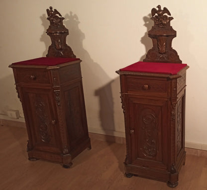 Set of 3 bedside tables and chest of drawers in antique 19th century Italian walnut wood, walnut color