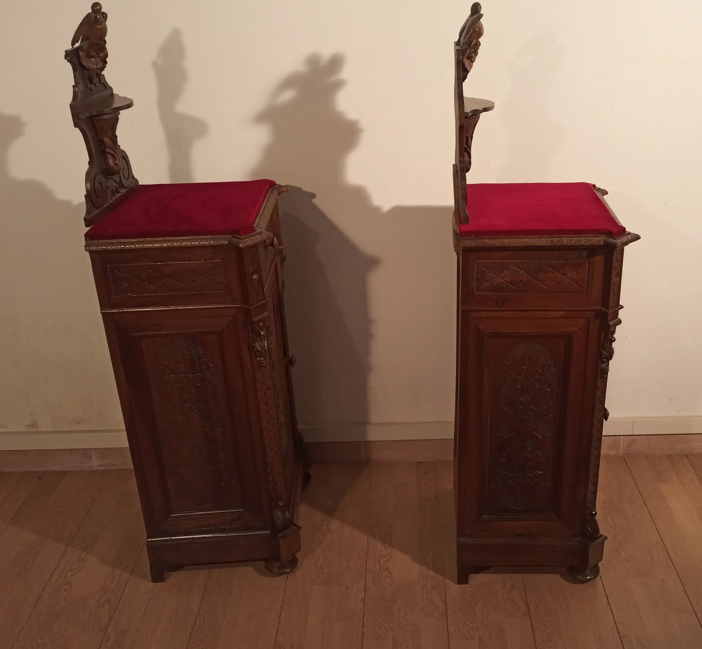Antique Italian walnut nightstands with red velvet top, set of 3, elegant Italian walnut chest of drawers