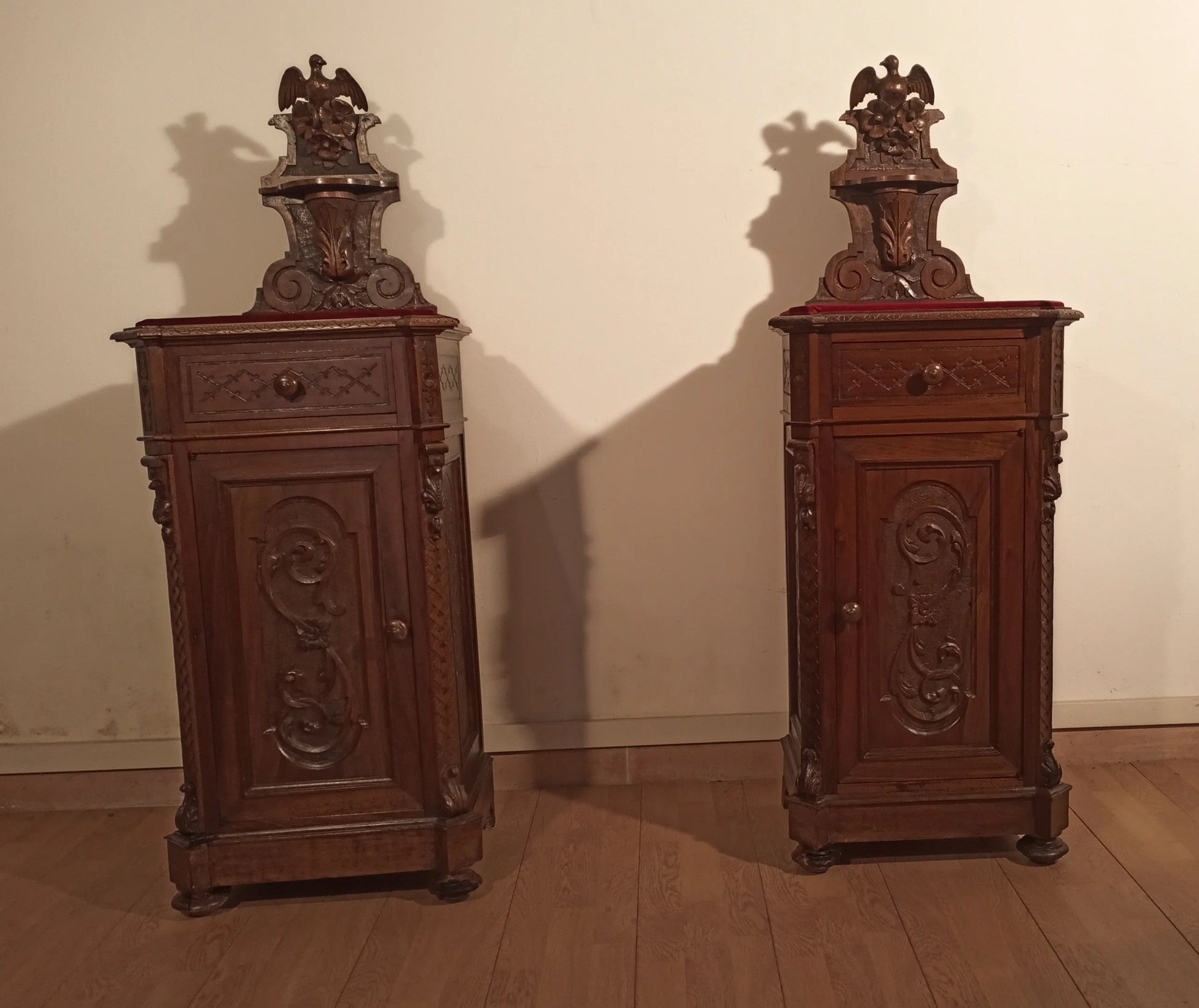 Pair of antique carved wood side cabinets in walnut from a 19th-century Italian chest of drawers walnut set of three