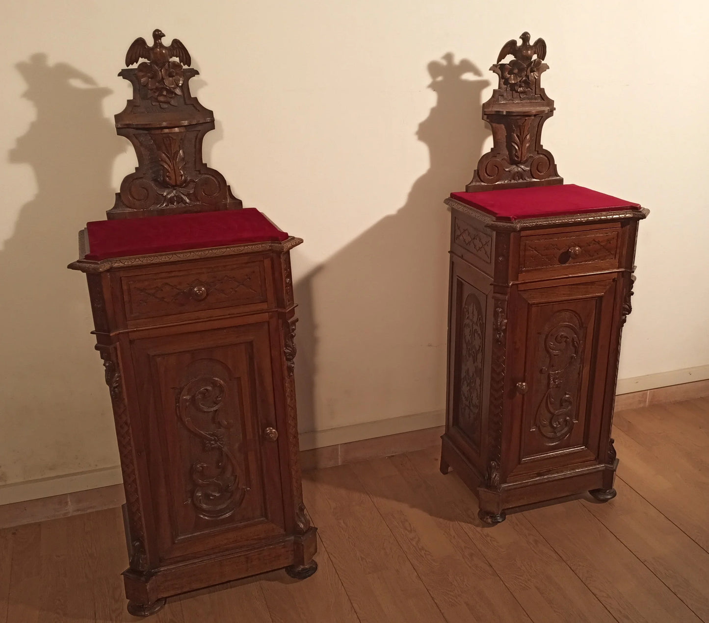 Pair of 19th Century Italian Walnut Nightstands with Red Velvet Top Set of 3 Chest of Drawers