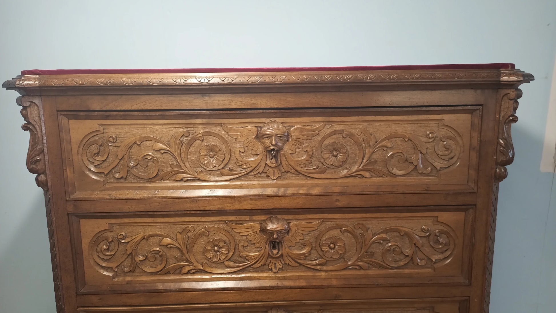 Italian walnut chest of drawers with red top and mirror, set of 3 bedside tables and chest of drawers, 19th century