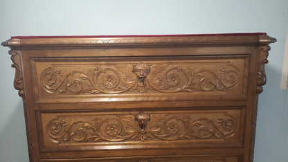 Italian walnut chest of drawers with red top and mirror, set of 3 bedside tables and chest of drawers, 19th century