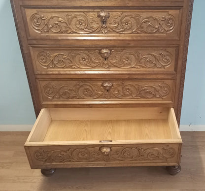 Ornate Italian walnut chest of drawers in a set of 3 with open drawer in carved wood from the 19th century