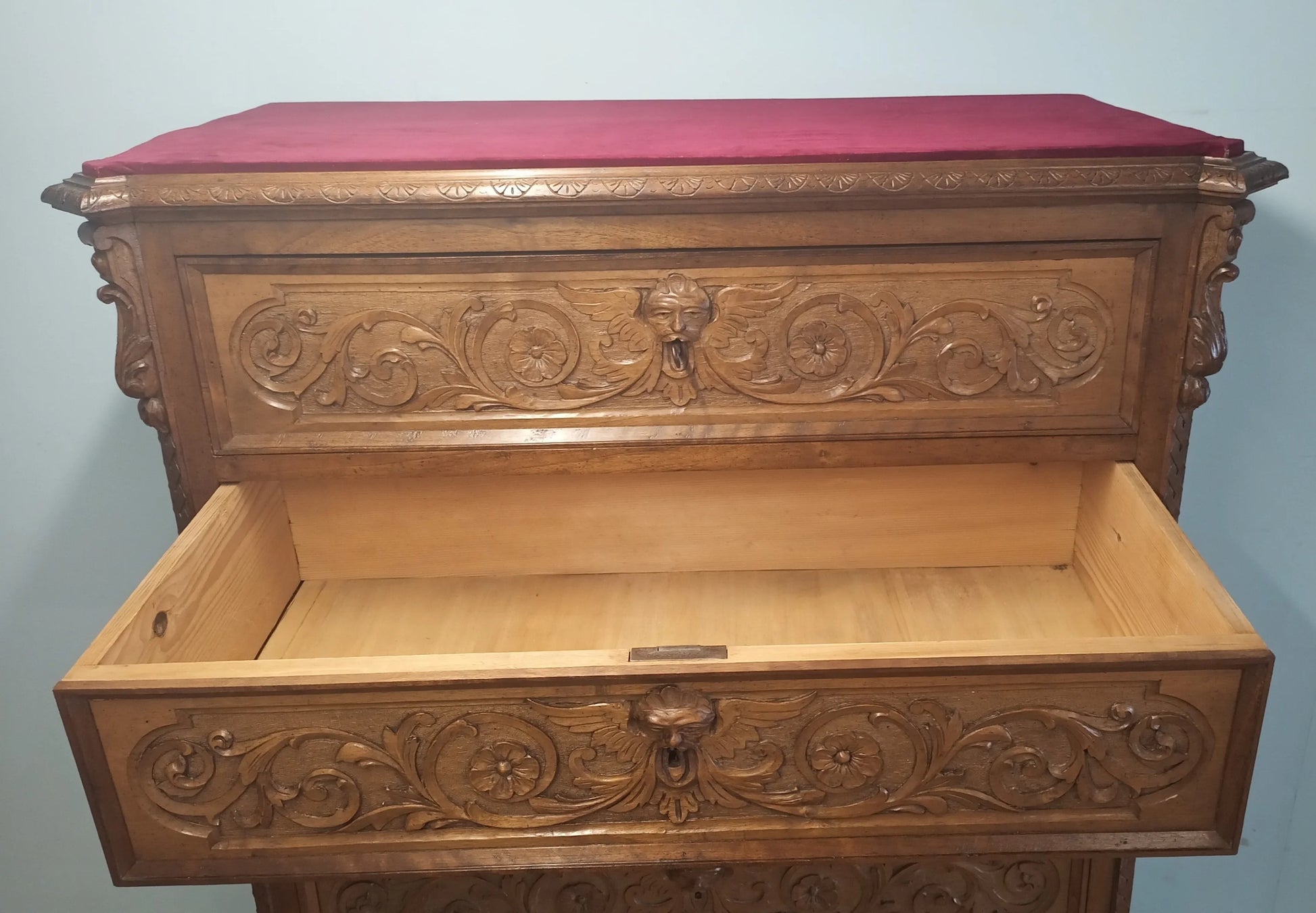 Ornate Italian walnut chest of drawers with decorative panel carvings, set of 3, 19th century