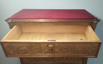 19th century Italian walnut chest of drawers with ornate carvings, red cushion and open drawer set of 3