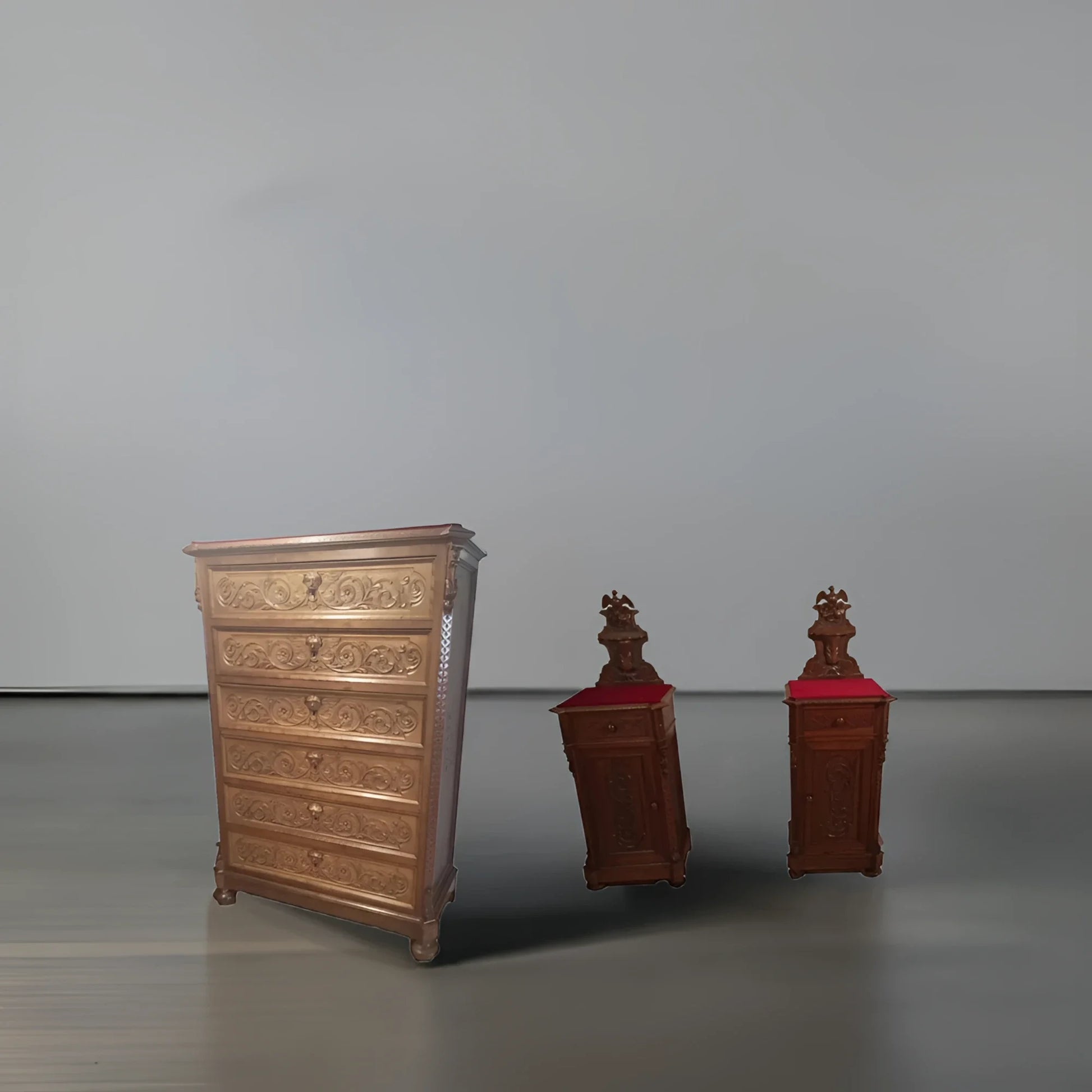 Ornate Italian walnut chest of drawers with three pieces romantic set 19th century