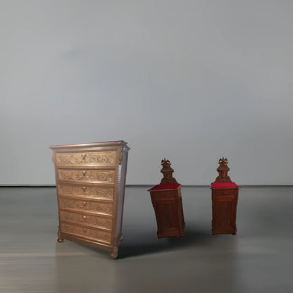 Ornate Italian walnut chest of drawers with three pieces romantic set 19th century