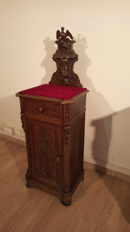 Small Italian walnut chest of drawers with red cushion in a 19th century bedside table and chest of drawers set