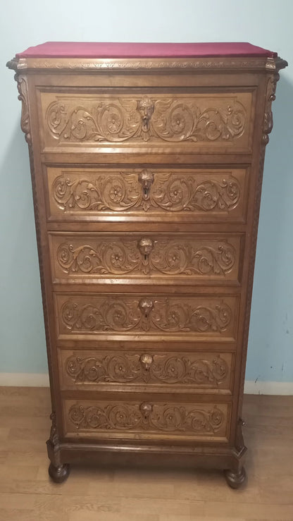 Italian walnut chest of drawers set of 3 bedside tables and chest of drawers with pink velvet top carved 19th century