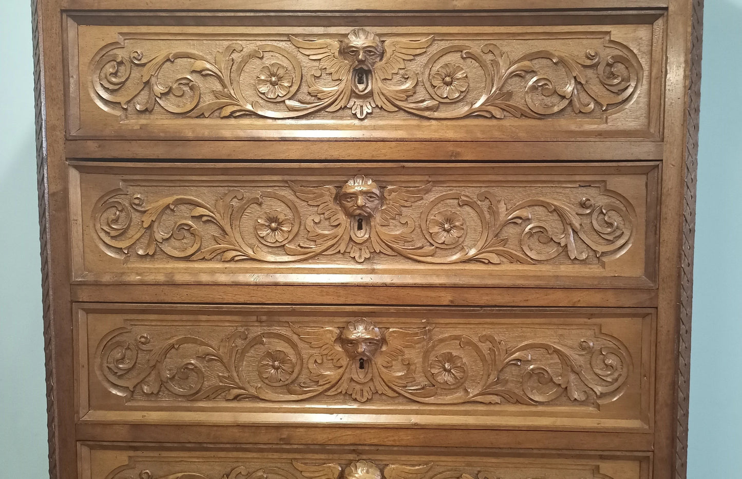 Italian Walnut Nightstands and Chest of Drawers Set of 3 with 19th Century Carved Walnut Chest of Drawers with Open Drawer
