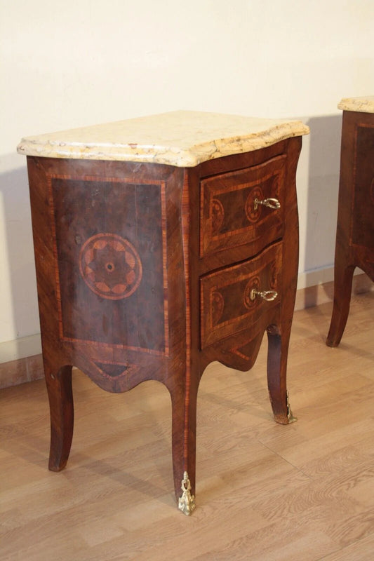 Antique Louis XV style bedside table in rosewood with marble top and decorative inlays, restored